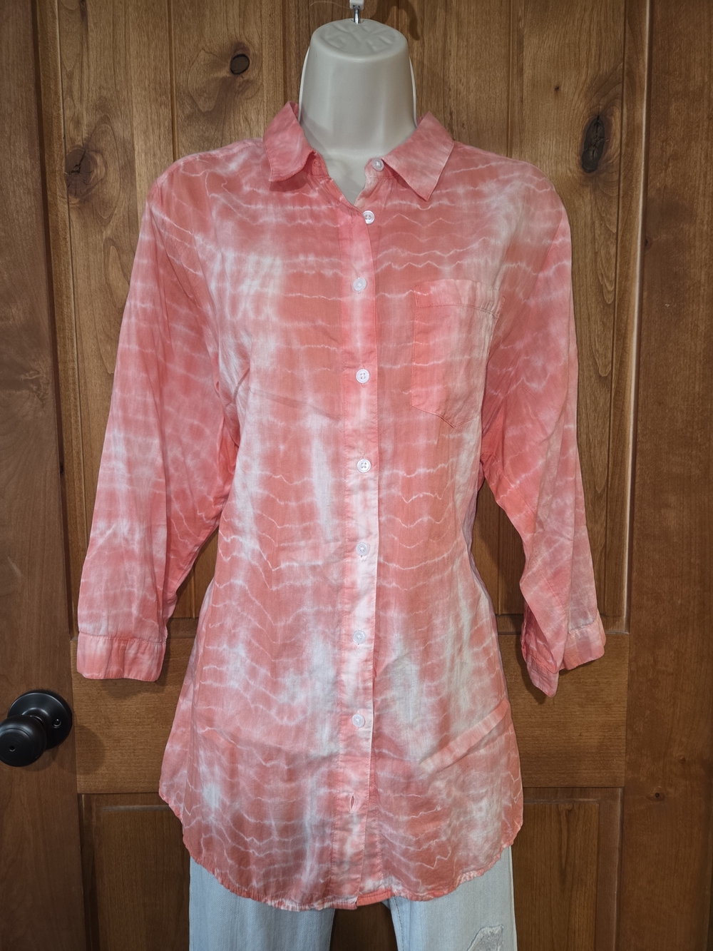 Tie-Dye Coral Button-Down Shirt with‎ Classic Collar